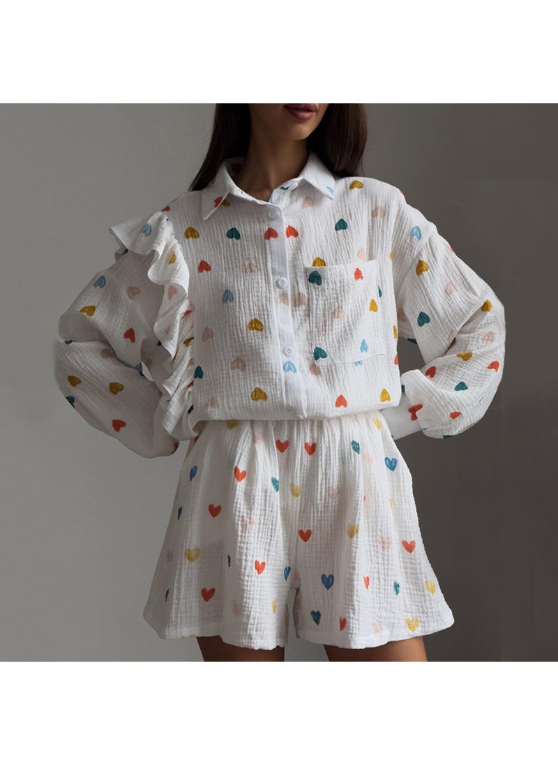 Generic - 2024 Spring Ruffle Love Print Shirt  Shorts Set Apricot love - Image 1