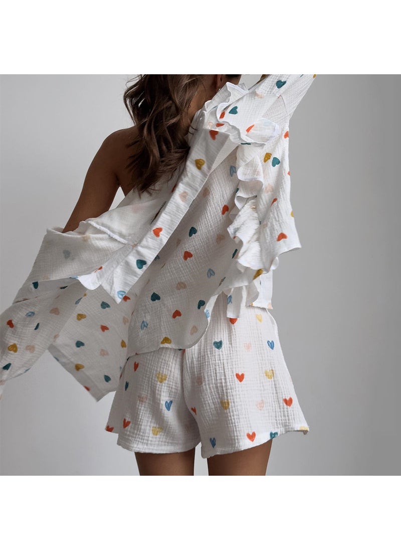 Generic - 2024 Spring Ruffle Love Print Shirt  Shorts Set Apricot love - Image 1
