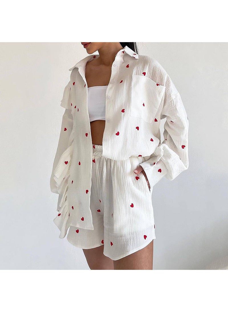 Generic - 2024 Spring Ruffle Love Print Shirt  Shorts Set Apricot love - Image 1