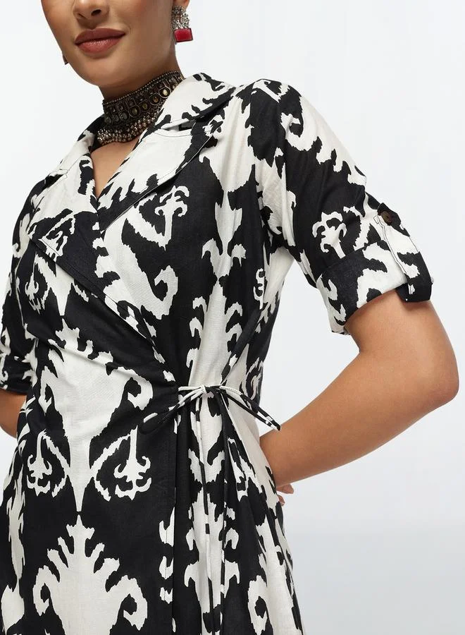 آي شين Women's Black Cotton Printed Shrug Upper Calf Length Pleat Front Bottom Straight Fit Co-Ords Set