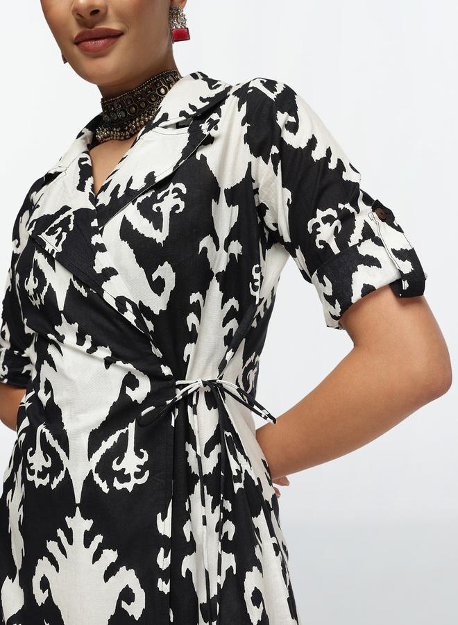 ISHIN Women's Black Cotton Printed Shrug Upper Calf Length Pleat Front Bottom Straight Fit Co-Ords Set  - Image 2