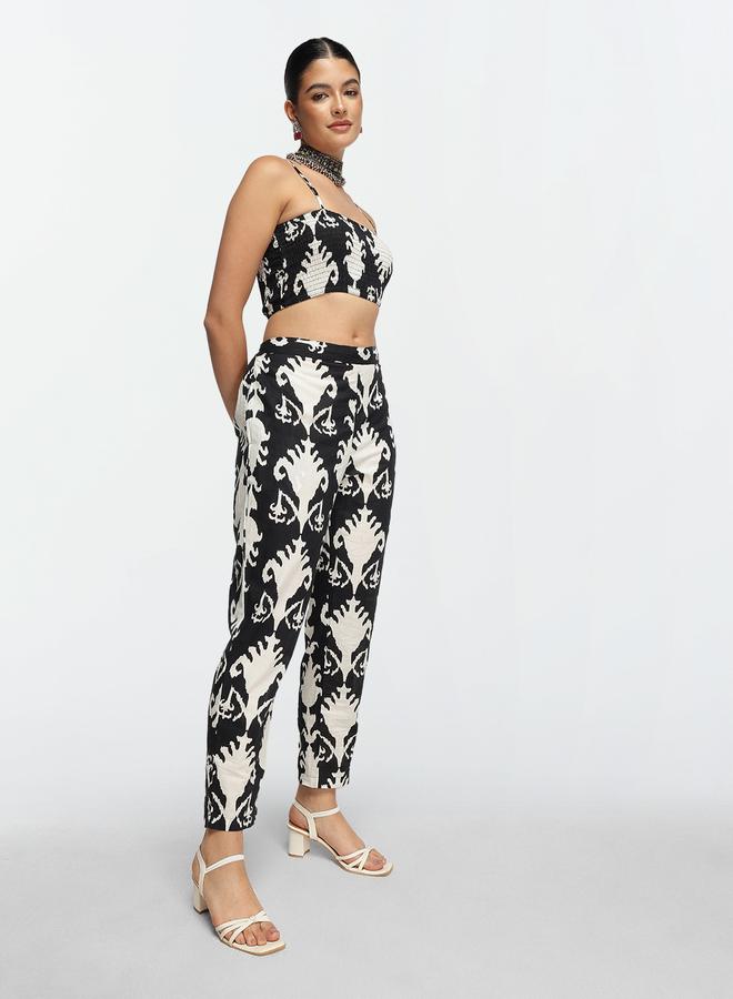 ISHIN Women's Black Cotton Printed Shrug Upper Calf Length Pleat Front Bottom Straight Fit Co-Ords Set  - Image 4