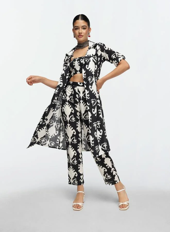 آي شين Women's Black Cotton Printed Shrug Upper Calf Length Pleat Front Bottom Straight Fit Co-Ords Set