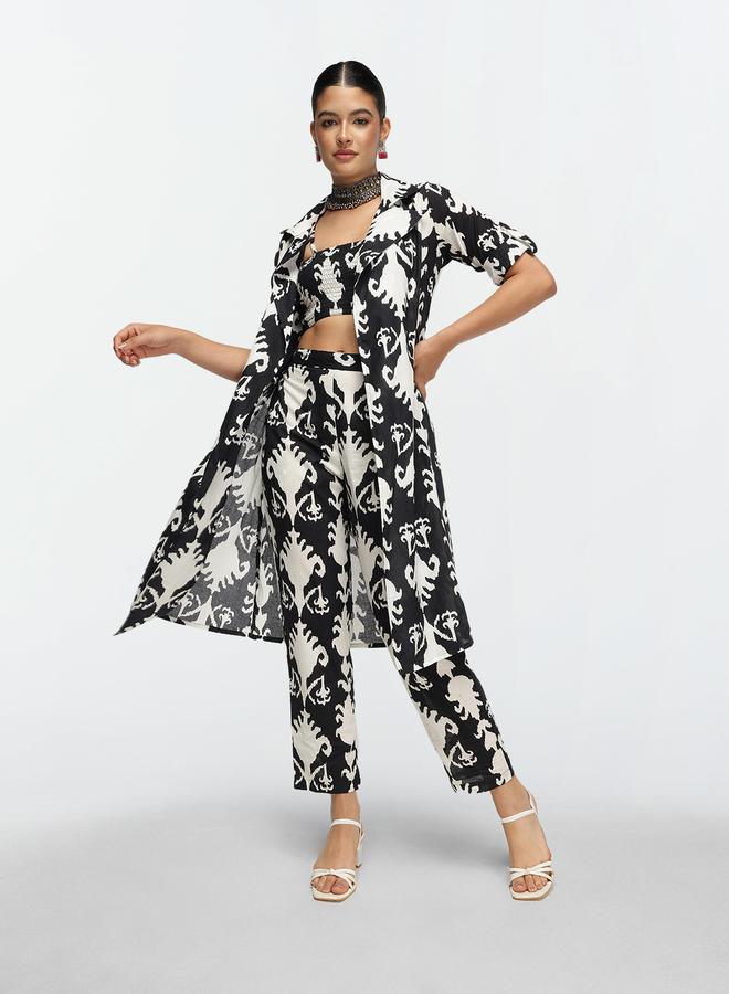 ISHIN Women's Black Cotton Printed Shrug Upper Calf Length Pleat Front Bottom Straight Fit Co-Ords Set  - Image 1