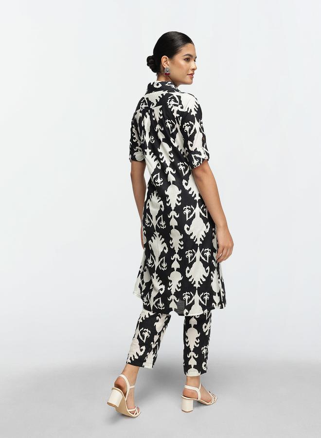 ISHIN Women's Black Cotton Printed Shrug Upper Calf Length Pleat Front Bottom Straight Fit Co-Ords Set  - Image 5