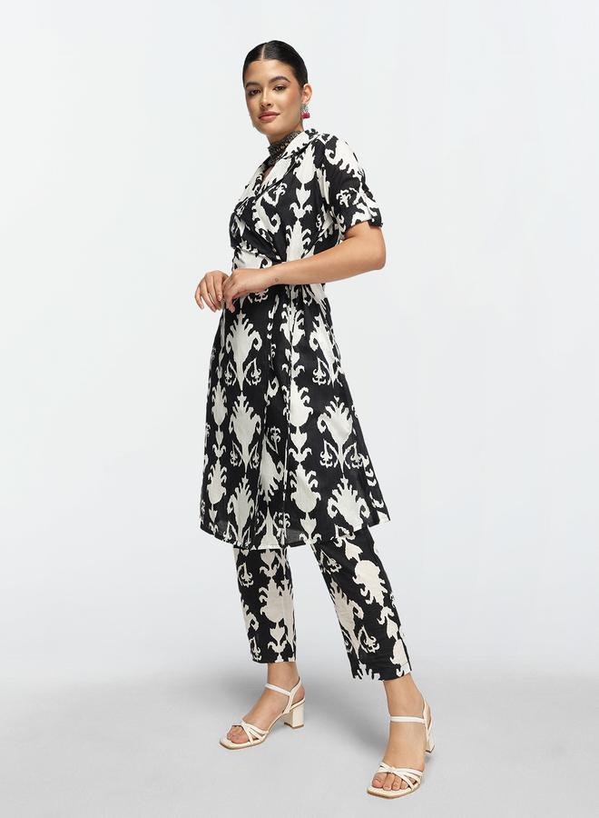 ISHIN Women's Black Cotton Printed Shrug Upper Calf Length Pleat Front Bottom Straight Fit Co-Ords Set  - Image 3