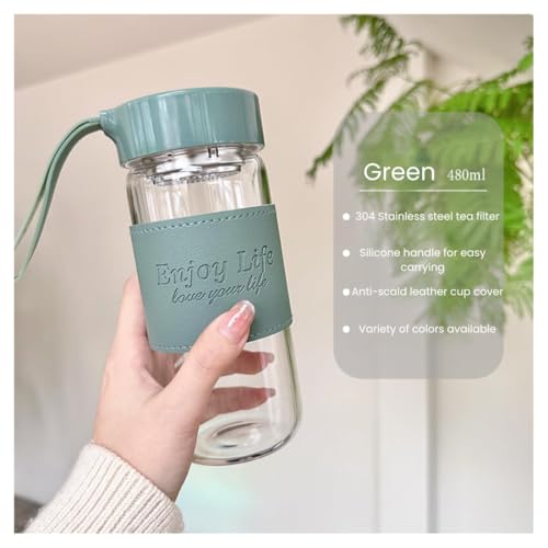 Wosta Leakproof Glass Water Bottle with Stainless Steel Infuser Glass Tea Infuser Bottle with Strainer and Neoprene Sleeve for Loose Leaf Tea, Cold Brew Coffee. (A - GREEN, 480ML) - Image 2