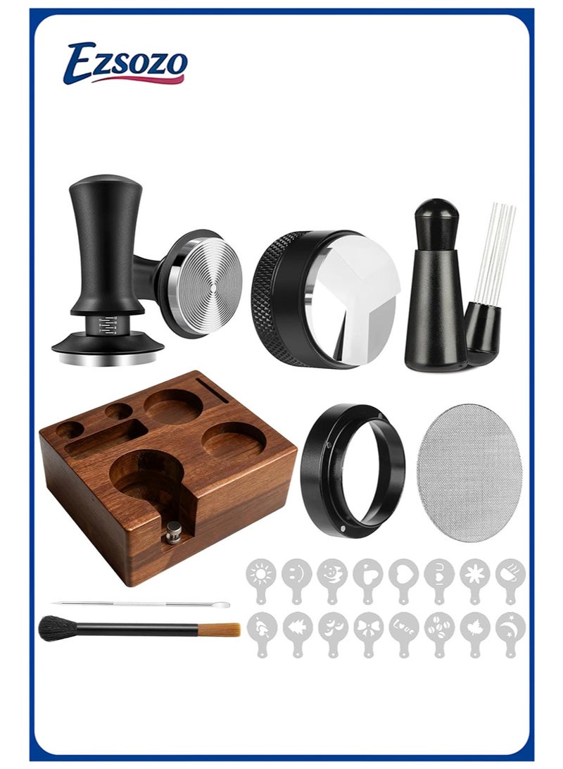 EZSOZO 9 Pcs Espresso Accessories Kit， 51mm 304 Stainless Steel Espresso Tamper Tools， with Wooden Espresso Tamping Station， Distributor Stirrer Dosing Funnel Puck Screen Brush， Latte Art Pen and Decorative Stencils - Image 1