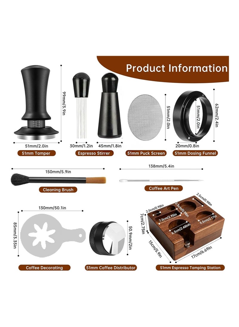 EZSOZO 9 Pcs Espresso Accessories Kit， 51mm 304 Stainless Steel Espresso Tamper Tools， with Wooden Espresso Tamping Station， Distributor Stirrer Dosing Funnel Puck Screen Brush， Latte Art Pen and Decorative Stencils - Image 2