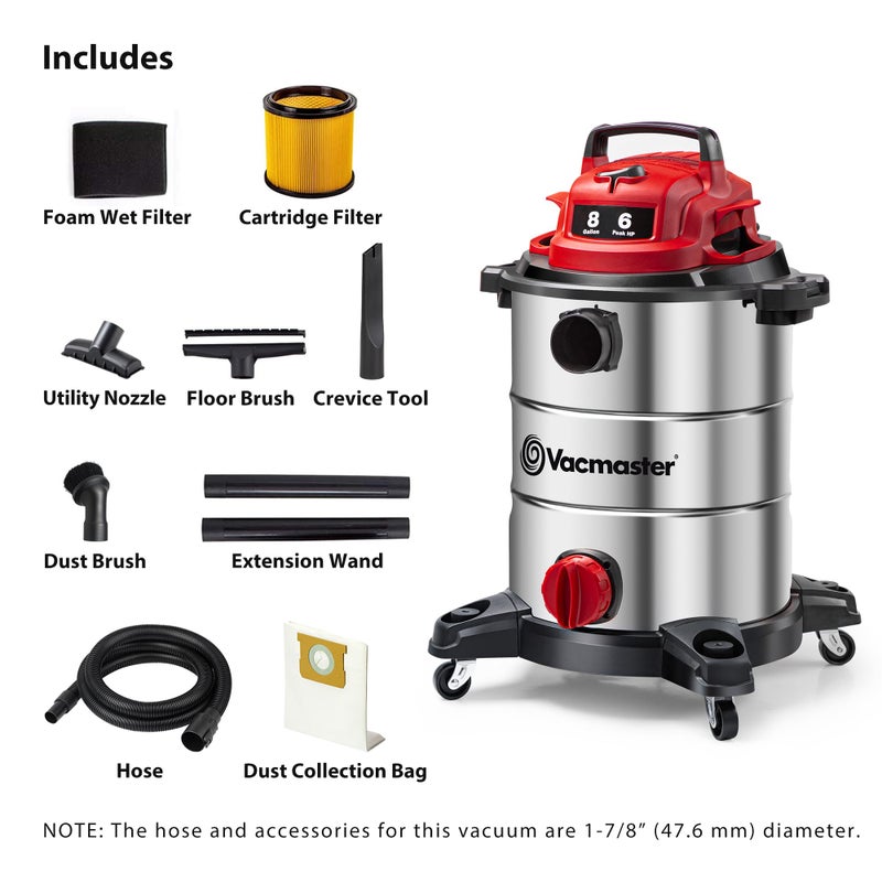 Vacmaster VOC812SF 1101 8-Gallon Premium Stainless Steel Wet/Dry Vacuum, Red Edition, 8 Gal - Image 2