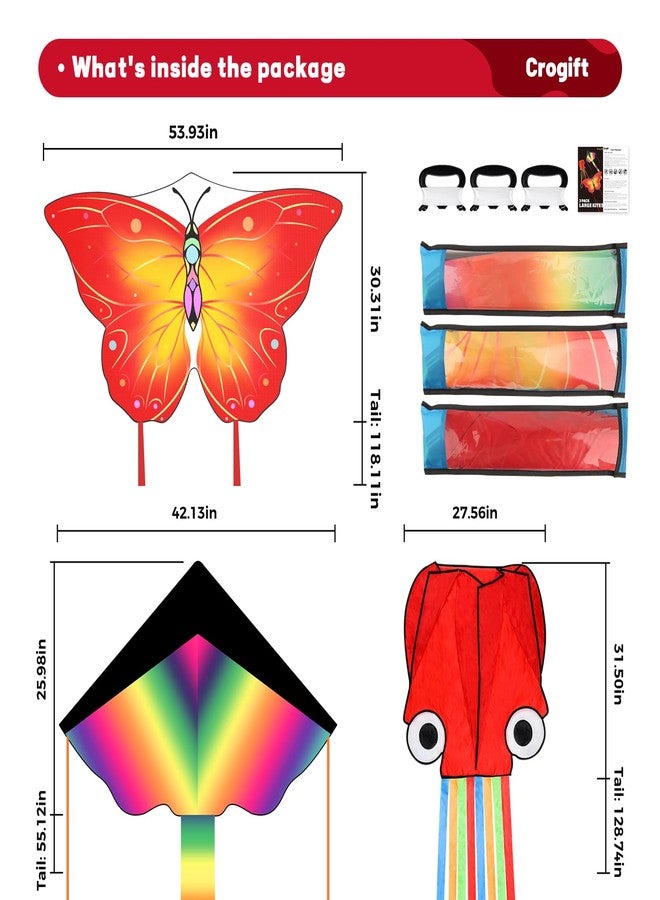 Crogift 3 Pack Large Kites, Easy to Fly Large Butterfly, Giant Red Octopus & Colorful Delta Kite for Beach Trip - Perfect Outdoor Toys for Boys Girls Ages 4-8 8-12,Three Handle with 328FT String Included - Image 4
