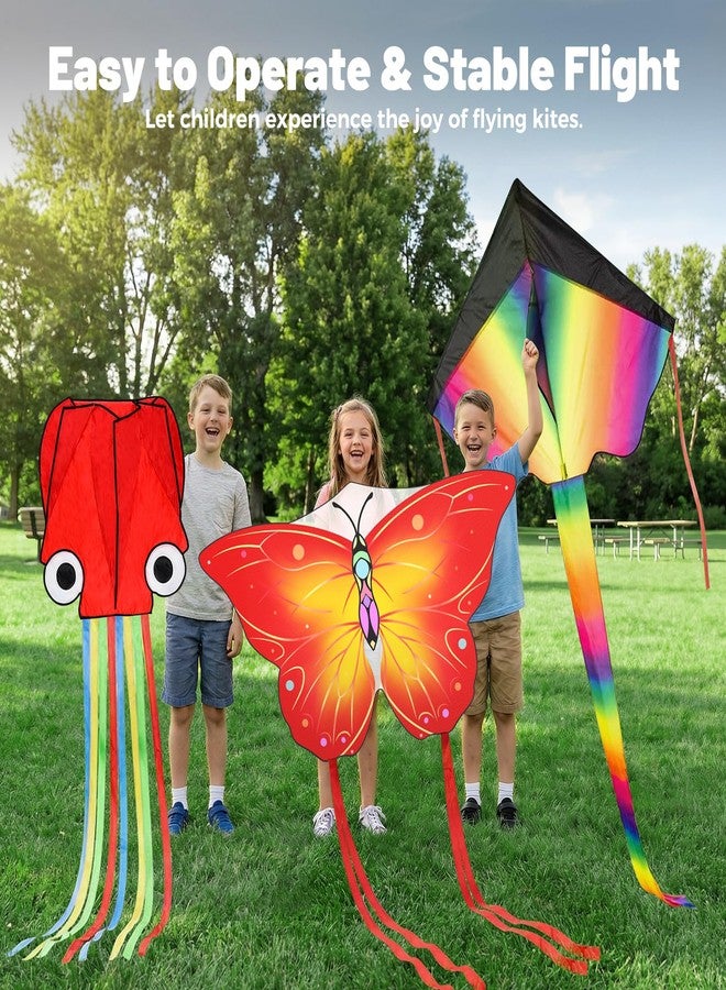 Crogift 3 Pack Large Kites, Easy to Fly Large Butterfly, Giant Red Octopus & Colorful Delta Kite for Beach Trip - Perfect Outdoor Toys for Boys Girls Ages 4-8 8-12,Three Handle with 328FT String Included - Image 3