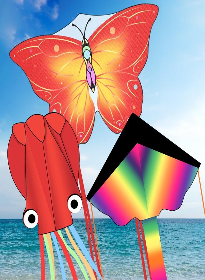 Crogift 3 Pack Large Kites, Easy to Fly Large Butterfly, Giant Red Octopus & Colorful Delta Kite for Beach Trip - Perfect Outdoor Toys for Boys Girls Ages 4-8 8-12,Three Handle with 328FT String Included - Image 1
