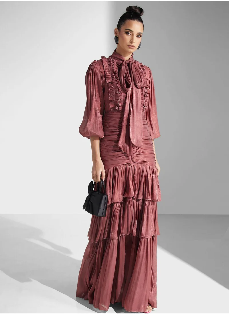 جولدن ابل Tie Neck Puff Sleeve Dress