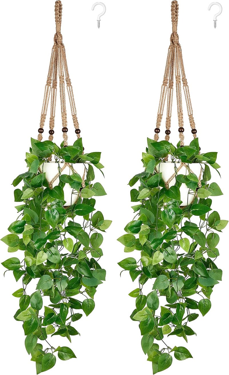 Mkono 2 Packs Fake Hanging Plant with Pot, Artificial Plants for Home Decor Indoor Macrame Plant Hanger with Faux Vine Hanging Planter Greenery for Bedroom Bathroom Office Decor, Brown (Pothos) - Image 1