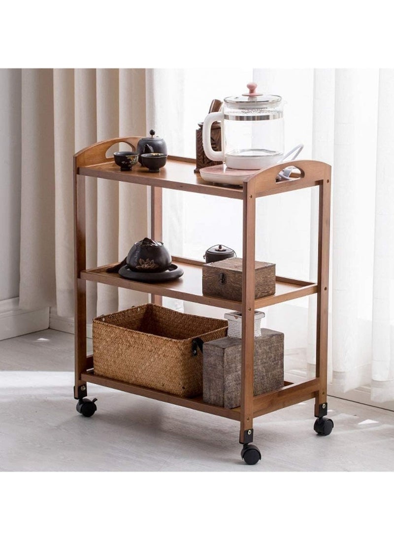 LINGWEI - Premium Bamboo Food Serving Trolley – 3-Tier Kitchen Cart with Wheels, Handle & Storage Shelves – Rolling Utility Organizer for Home, Restaurant & Hotel - Image 1