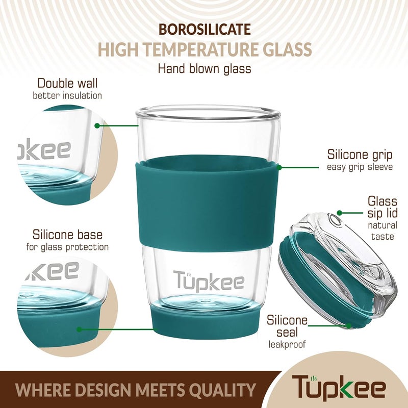 Tupkee كوب زجاجي مزدوج الجدار - 8 أونصات، كوب شاي/قهوة زجاجي معزول قابل لإعادة الاستخدام مع غطاء، كوب سفر زجاجي منفوخ يدويًا - سماوي - Image 2