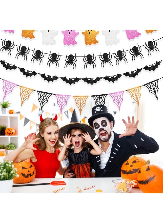هواف زينة لافتة الهالوين اللامعة 4 قطع من لافتة العنكبوت السوداء اللامعة على شكل خفاش وردية اللون مع تعليق الأشباح لحفل الهالوين السعيد لوازم لافتة الهالوين بطول 10 أقدام - Image 4