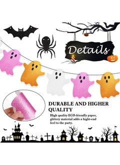 HOWAF Glitter Halloween Banner Decorations 4 Pcs Glitter Black Spider Bat Garland Banner Pink Ghost Hanging Decorations For Happy Halloween Party Supplies 10 Ft Halloween Bunting Banner Decor  - Image 3