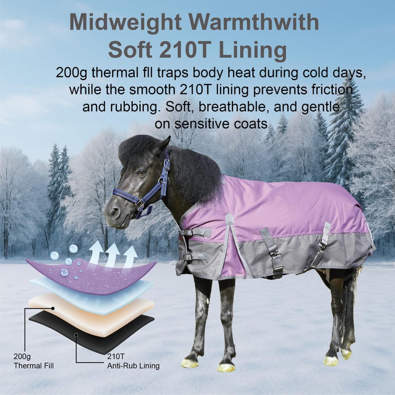 Gallopoff 1200D Ripstop Mini Horse/Pony Blanket, Medium Weight 200g Fill - Waterproof Breathable Warm Winter Turnout Blanket for Foal/Weanling/Yearling/Donkey/Mule Violetgrey 54 - Image 3