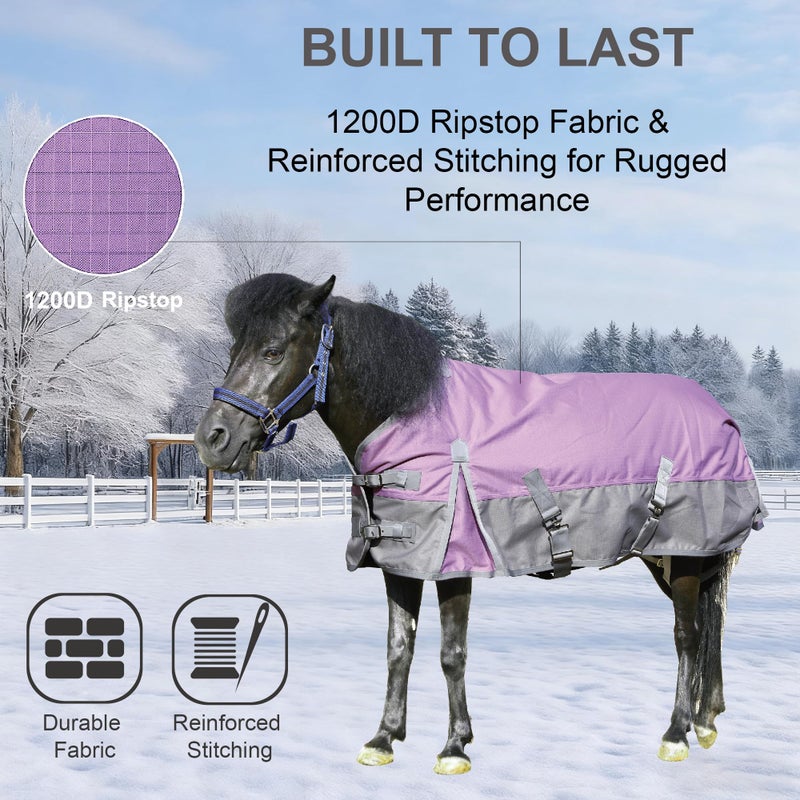 Gallopoff 1200D Ripstop Mini Horse/Pony Blanket, Medium Weight 200g Fill - Waterproof Breathable Warm Winter Turnout Blanket for Foal/Weanling/Yearling/Donkey/Mule Violetgrey 54 - Image 4