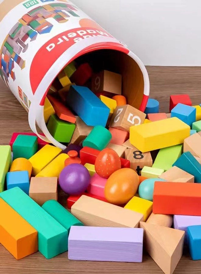 JSAITOYS 100-piece Wooden Building Blocks in a Bucket for Children, a Brain-stimulating and Educational Toy for Parent-child Interaction. - Image 1