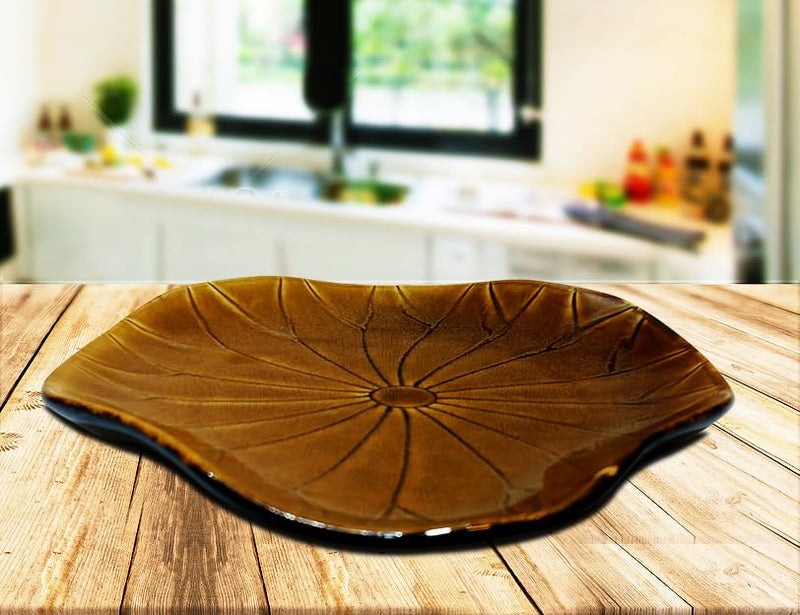 Lemon Tree Lotus Shape Ceramic Stoneware Serving Platter for Serving Snack (Brown) - Image 1