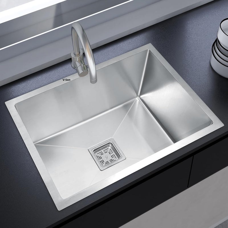 VSon Premium Kitchen Sink24x18x10 Inches Stainless Steel Sink For Kitchen with 7 Years of Warranty Single Bowl Sink Silver Matt All Fittings Drain Rack Included - Image 1