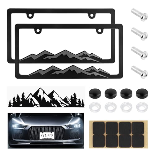 VKQTS 2PCS Mountain License Plate Frames Kit with Mountain Tree Car DecalRustproof License Plate Frame Fit for USACanada PlatesUniversal Car Tag Frame for CarsSUVsTrucks - Image 1