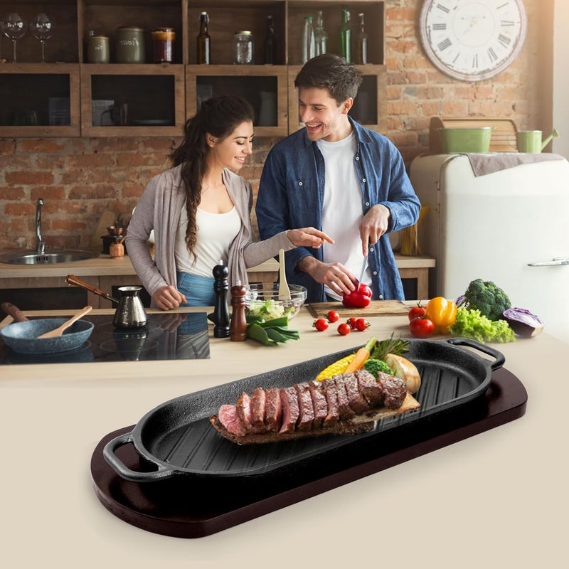 DVK Fajita Skillet Sizzling Plate with Wooden Base for Steak Plate Home Restaurant Kitchen Cooking - Image 4