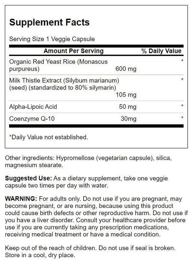 Swanson Traditional Red Yeast Rice & CoQ10 with Milk Thistle and Alpha Lipoic Acid 60 Veg Capsules - Image 2
