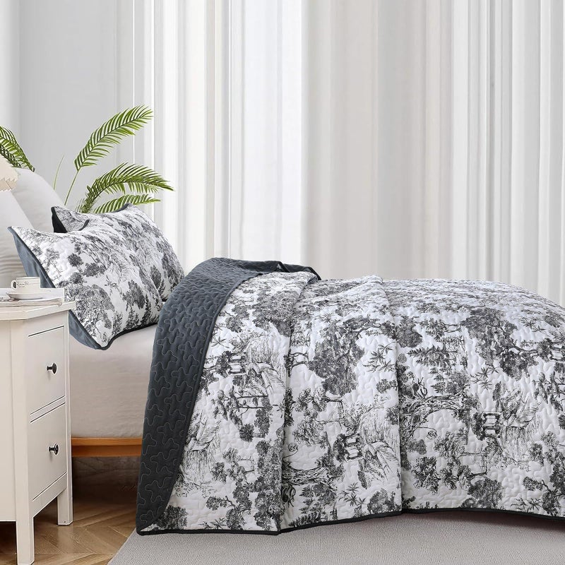 WONGS BEDDING Botanical Quilt Set Queen Size  Black 3 Pieces Floral Plants Printed Bedspread Bedding Set Soft Lightweight Microfiber Coverlet Set for All Season (96""x90"") - Image 3