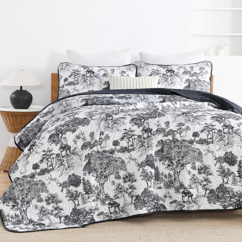 WONGS BEDDING Botanical Quilt Set Queen Size  Black 3 Pieces Floral Plants Printed Bedspread Bedding Set Soft Lightweight Microfiber Coverlet Set for All Season (96""x90"") - Image 4