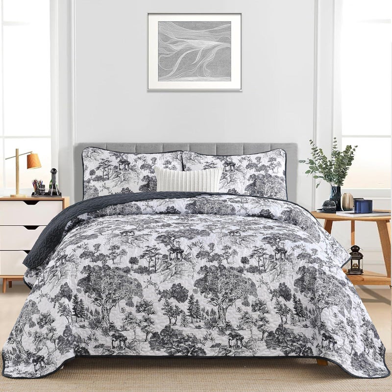 WONGS BEDDING Botanical Quilt Set Queen Size  Black 3 Pieces Floral Plants Printed Bedspread Bedding Set Soft Lightweight Microfiber Coverlet Set for All Season (96""x90"") - Image 2