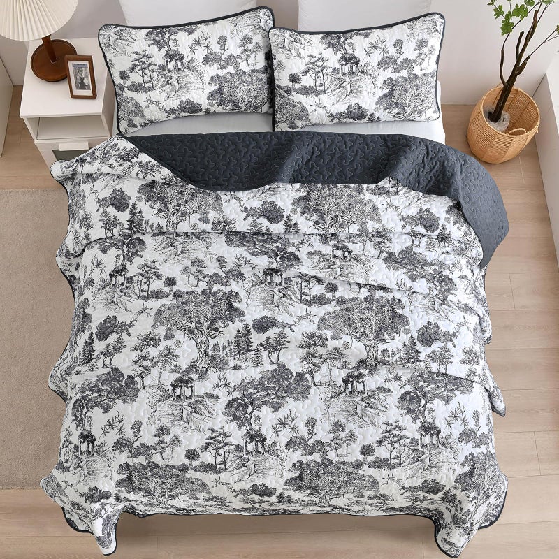 WONGS BEDDING Botanical Quilt Set Queen Size  Black 3 Pieces Floral Plants Printed Bedspread Bedding Set Soft Lightweight Microfiber Coverlet Set for All Season (96""x90"") - Image 5