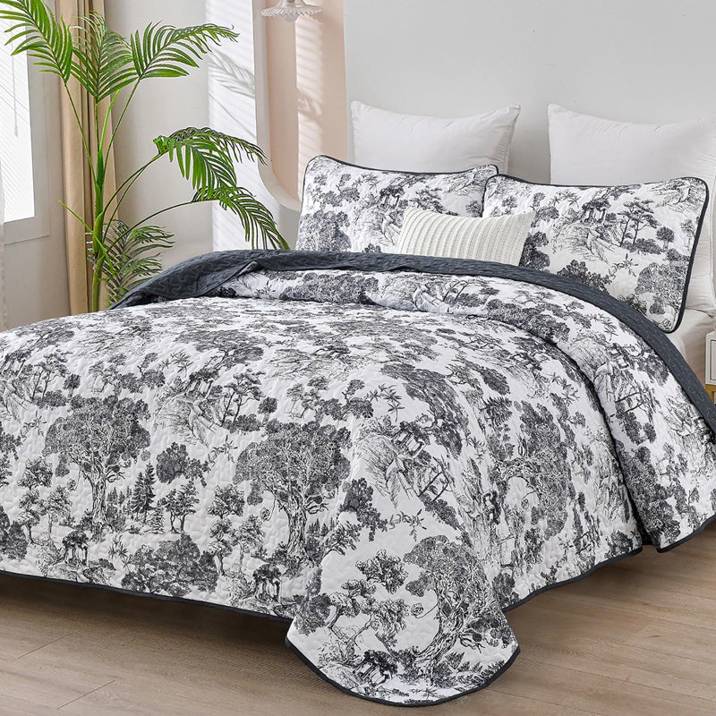 WONGS BEDDING Botanical Quilt Set Queen Size  Black 3 Pieces Floral Plants Printed Bedspread Bedding Set Soft Lightweight Microfiber Coverlet Set for All Season (96""x90"") - Image 1