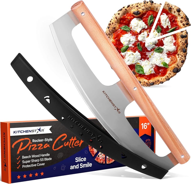 kitchen-star 16-Inch Pizza Cutter Rocker Blade - Razor Sharp Stainless Steel Slicer Knife, Stylish Beech Wood Handle, Protective Cover - Professional Pizza Oven Accessories, Silver - Image 1