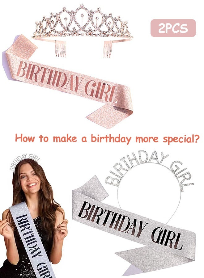 MXN Birthday Girl Headbands Sash Tiara Crown, 2 Pcs Birthday Girl Sash & Rhinestone Tiara Kit, Birthday Gifts Glitter Birthday Sash Birthday Party Favors - Image 1