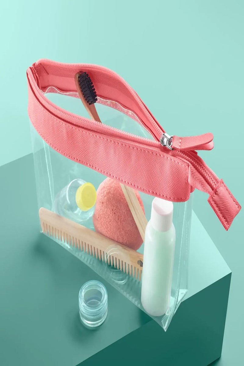 Tchibo Hand Luggage Make Up Pouch 17 H x 21 L x 3 W cm, Transparent and Pink - Image 1