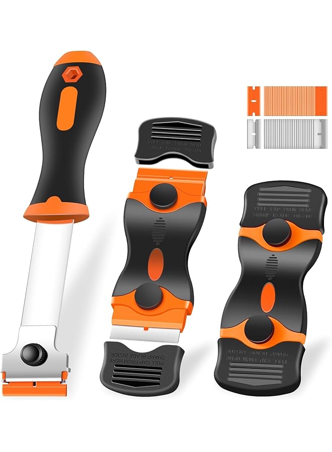 PROMASS promass 2 Pack Razor Blade Scraper, Premium Cleaning Scraper Tool with 60 PCS Metal & Plastic Razor Blades, Multi-Purpose Glass Scraper for Windows, Sticker, Decals, Cooktop, Paint Removal (Orange)  - Image 1