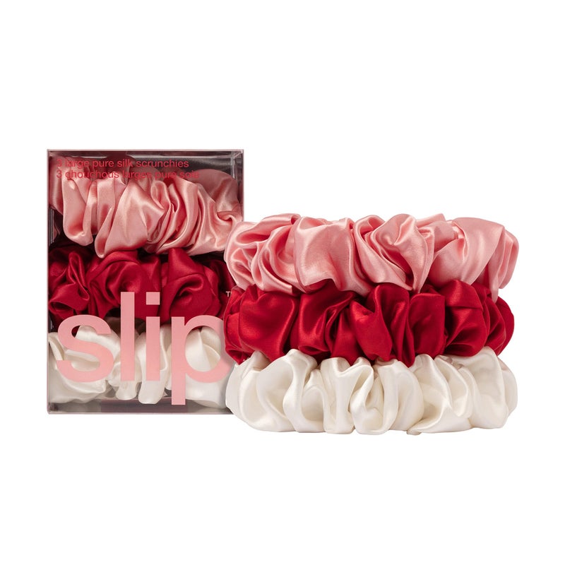 slip Large Scrunchies: Rosy | Set of 3 Pure Silk Large Scrunchies | Includes 1 Scarlet, 1 Rose, 1 White | 100% Mulberry Silk, Anti-Crease, Gentle on Hair, Reduces Breakage - Image 1
