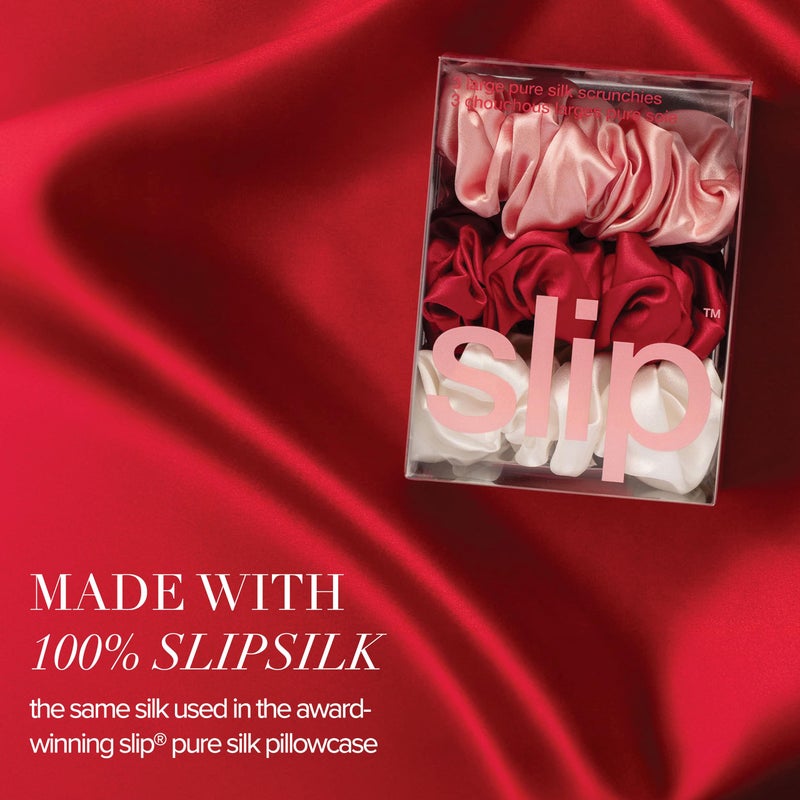 slip Large Scrunchies: Rosy | Set of 3 Pure Silk Large Scrunchies | Includes 1 Scarlet, 1 Rose, 1 White | 100% Mulberry Silk, Anti-Crease, Gentle on Hair, Reduces Breakage - Image 2