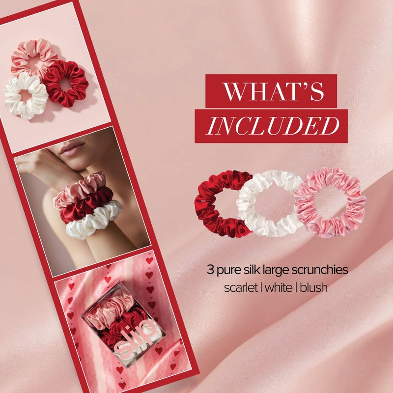 slip Large Scrunchies: Rosy | Set of 3 Pure Silk Large Scrunchies | Includes 1 Scarlet, 1 Rose, 1 White | 100% Mulberry Silk, Anti-Crease, Gentle on Hair, Reduces Breakage - Image 3
