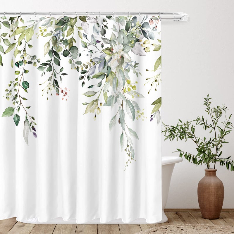 Tititex green Eucalyptus Shower curtain Sets  Watercolor Leaves on The Top Plant with Floral Bathroom Decoration 72x84 Inch with Hooks