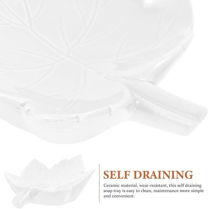 Zerodeko Ceramic Soap Dish with Self Draining Leaf Design White Bar Soap Holder Tray for Bathroom with Drainage Spout Suction Cup Attachment - Image 3