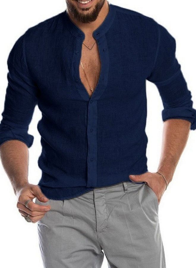 NIBEMINENT Men's Solid Linen Stand Collar Long Sleeve Shirt 