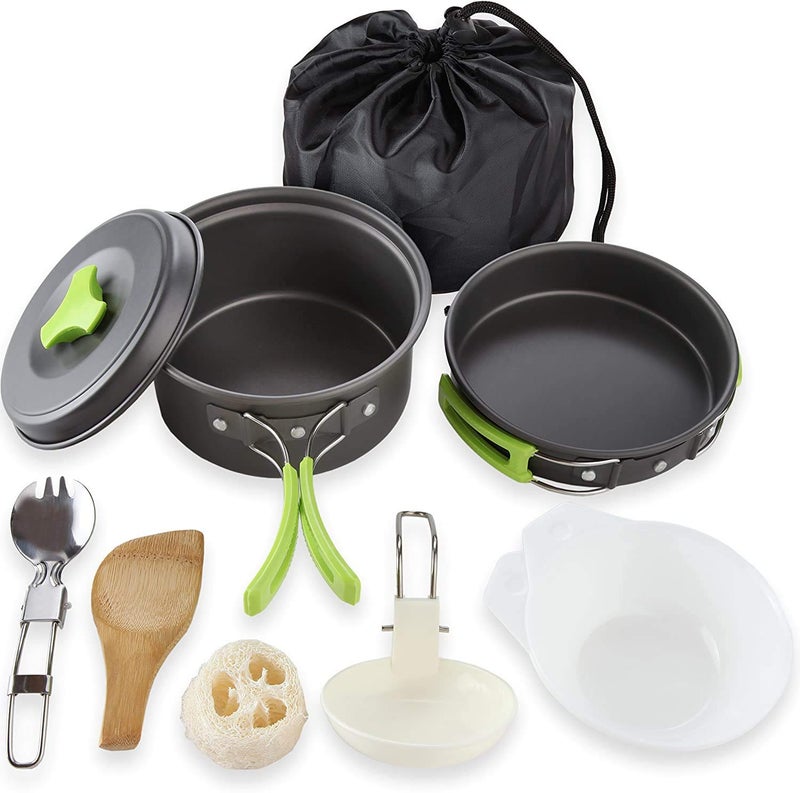 Cluemart Camping kichen Accessories for Outdoor Mess Kit,Cooking Equipment 10 Piece Cookset | Lightweight, Compact, Durable Pot Pan Bowls with Free Folding Spork and Nylon Bag (for 1-2 Person) - Image 2