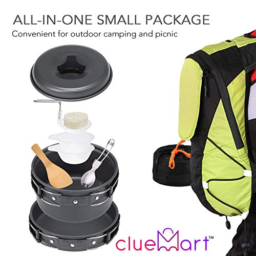 Cluemart Camping kichen Accessories for Outdoor Mess Kit,Cooking Equipment 10 Piece Cookset | Lightweight, Compact, Durable Pot Pan Bowls with Free Folding Spork and Nylon Bag (for 1-2 Person) - Image 3