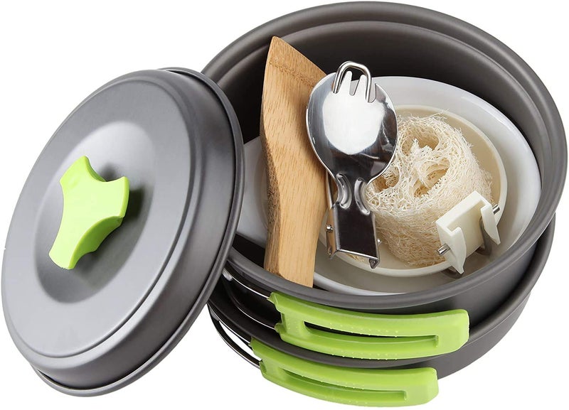 Cluemart Camping kichen Accessories for Outdoor Mess Kit,Cooking Equipment 10 Piece Cookset | Lightweight, Compact, Durable Pot Pan Bowls with Free Folding Spork and Nylon Bag (for 1-2 Person) - Image 1