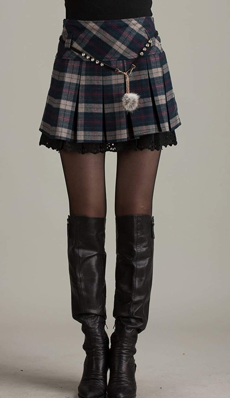 chouyatou Women's A-Line Plaid Wool Blend Pleated Skirt Side Zipper Small Gray - Image 3